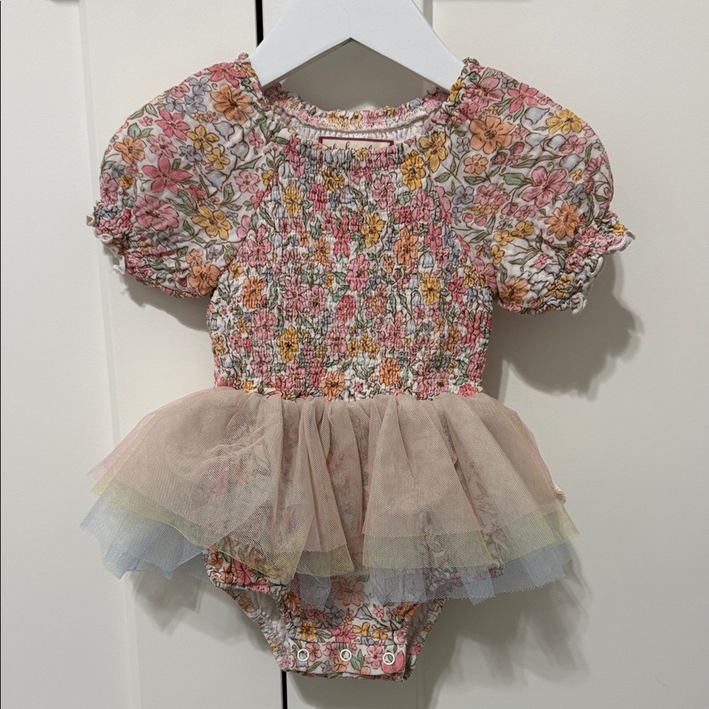 Cheeky Plum Floral Smocked Puff Sleeve Bodysuit with Pastel Tulle Tutu 2T